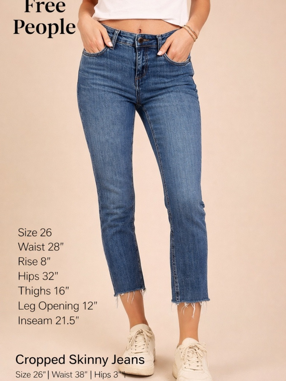 Free People Raw Hem Cropped Skinny Jeans Size 26 Medium Wash Stretch Denim